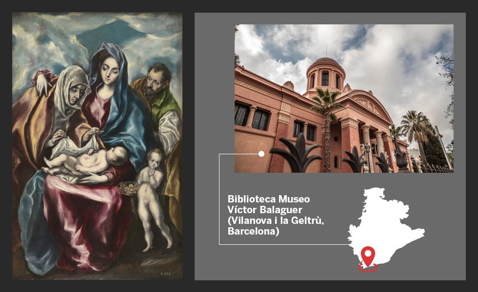 El depósito actual de 38 piezas del Prado en la Biblioteca Museo Víctor Balaguer, en Vilanova i la Geltrù (Barcelona), aparecería en casi cualquier selección por su calidad e historia. De hecho, la primera cesión temporal data de 1883 y en ella se incluía  La Anunciación  de El Greco. El robo en 1981 de ocho piezas del Prado depositadas en la pinacoteca vilanovense por Erik  el Belga  –recuperadas un año después– llevó al Prado a retirar el depósito. Posteriormente, y cuando las condiciones de seguridad mejoraron, se restituyeron las piezas, aunque  La Anunciación  nunca volvió (ahora se expone en el edificio Villanueva). A cambio, el Víctor Balaguer exhibe esta  Sagrada familia.  Prueba de su calidad es que es la obra en depósito más prestada.