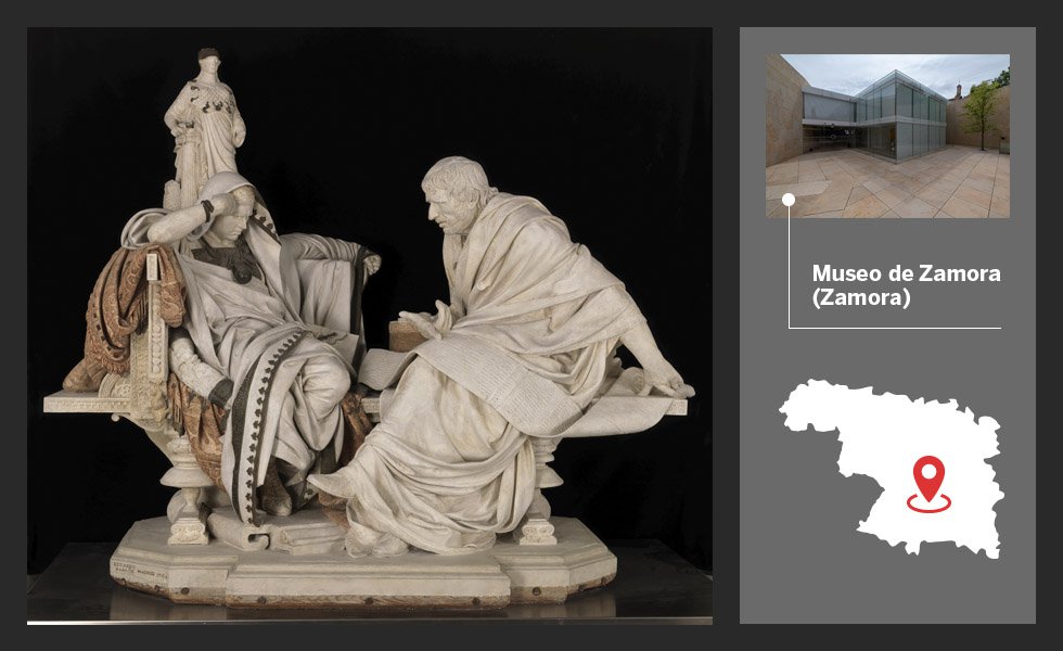 Eduardo Barrón obtuvo la medalla de oro en la Exposición Nacional de Bellas Artes en 1904 con este grupo escultórico que representa al filósofo cordobés instruyendo a Nerón. Tras estar muchos años depositada en el Ayuntamiento de la ciudad natal de Séneca, se levantó el depósito y se la sometió a una importante restauración, ya que no estaba en buenas condiciones debido a la fragilidad de la escayola y a la inadecuada conservación; en Córdoba se quedó un vaciado de bronce. Actualmente la pieza se puede visitar en el Museo de Zamora, que expone un conjunto de mosaicos romanos.