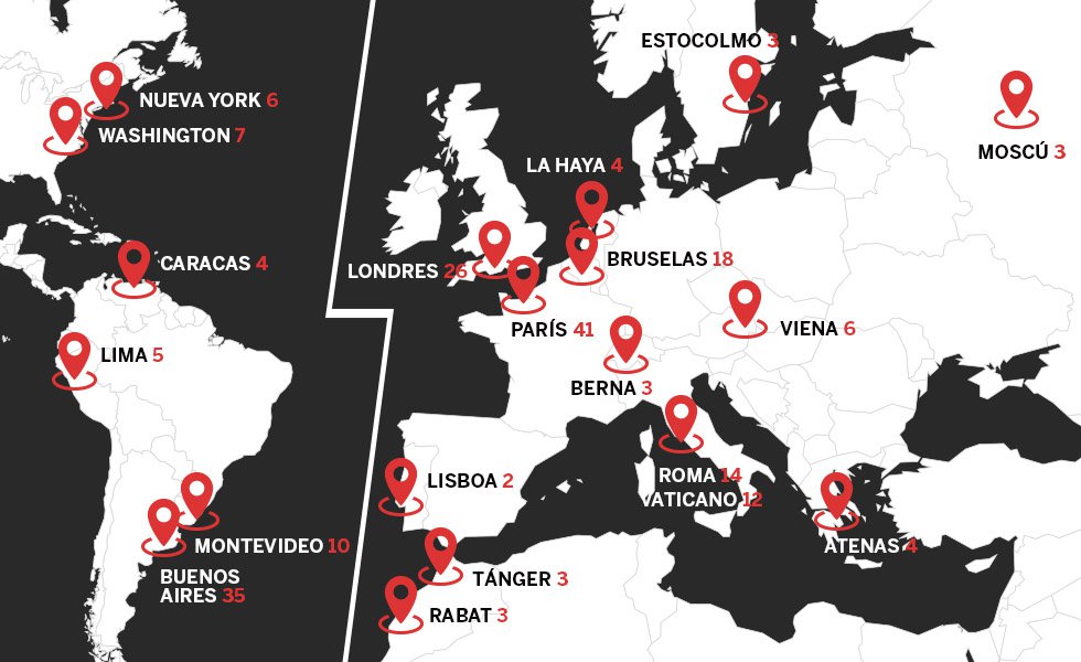 Las obras del Prado depositadas fuera de España lo están en embajadas y consulados de América, Europa y África, por lo que se encuentran en suelo estatal. Según datos de la pinacoteca, esta es la distribución por ciudades a septiembre de 2019.