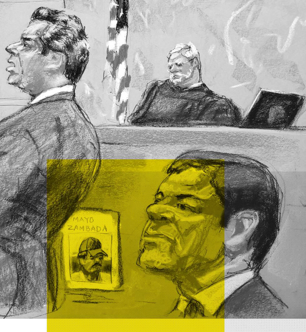 El Chapo Guzmán durante su juicio en Nueva York, en el que se presentó como prueba una fotografía de El Mayo Zambada.