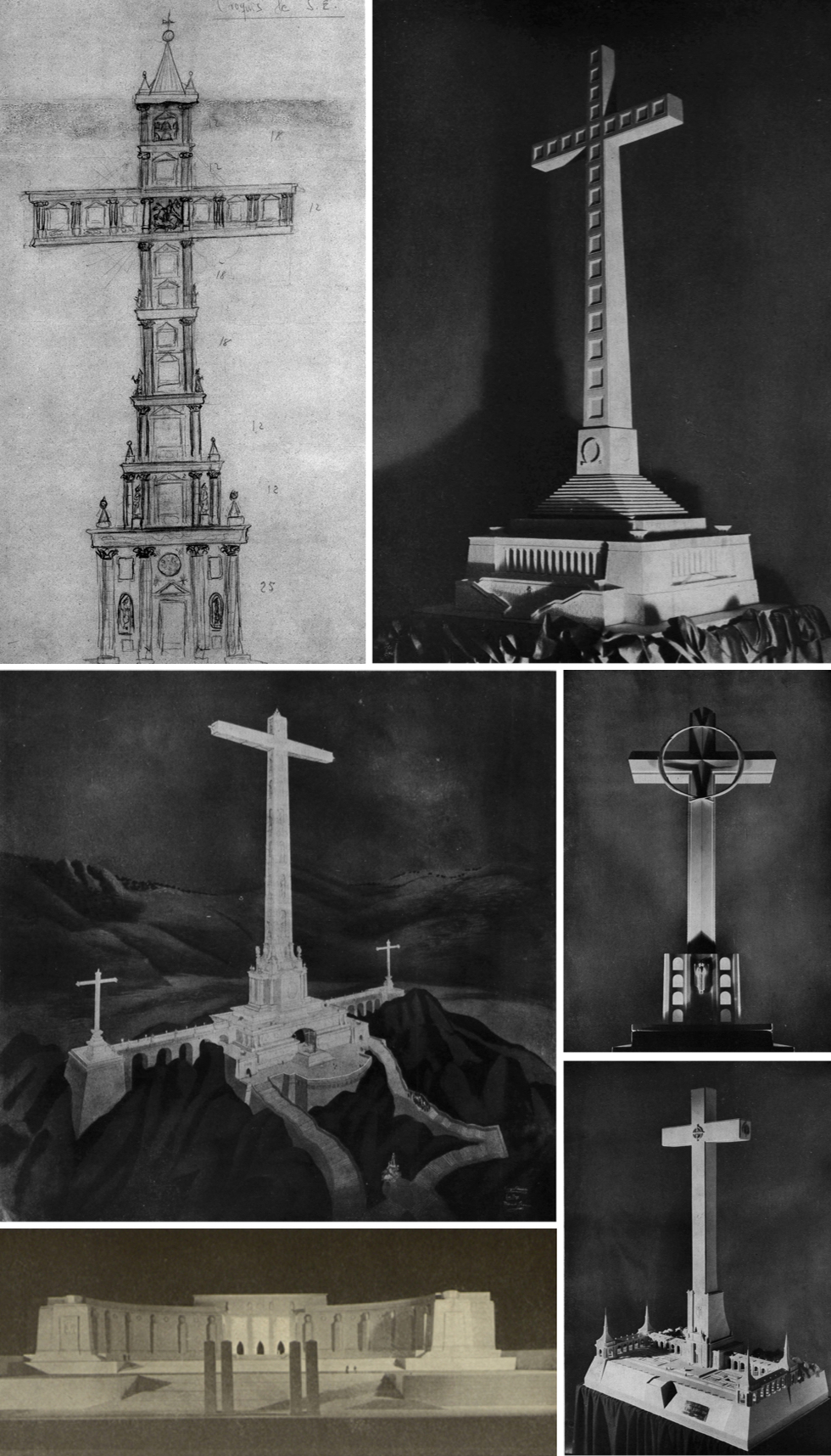 Arriba a la izquierda, boceto hecho por el propio Franco para el diseño de la cruz. Junto a él, algunos de los finalistas del concurso para el diseño de la cruz y una de las primeras propuestas de Pedro Muguruza para la basílica.  DIEGO MÉNDEZ  ‘REVISTA NACIONAL DE ARQUITECTURA’